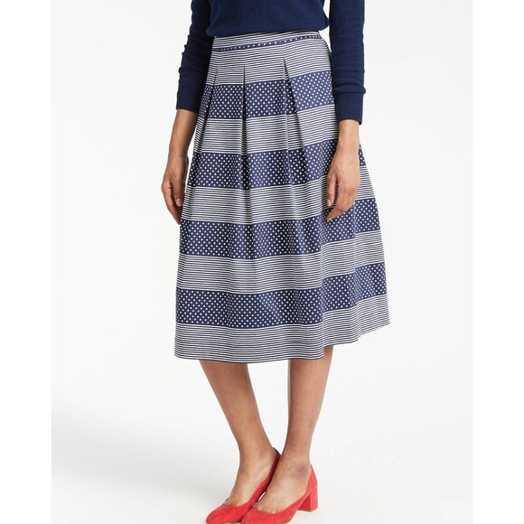 Boden Lola Midi Skirt Womens 8 Blue Striped Polka Dot Pleated A Line Casual - Picture 1 of 12